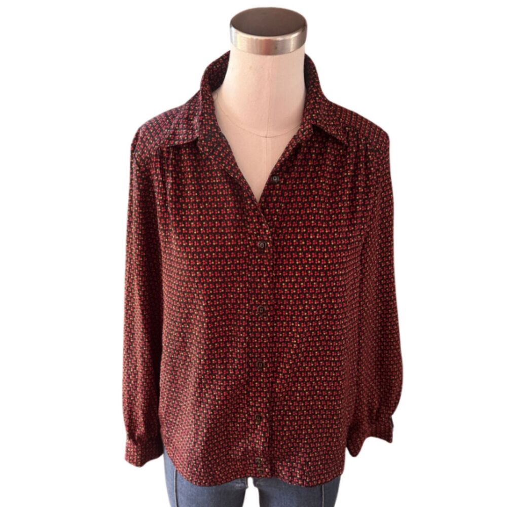 Vintage Cherry Print Blouse 70s 80s Secretary Novelty Silk Feel Top